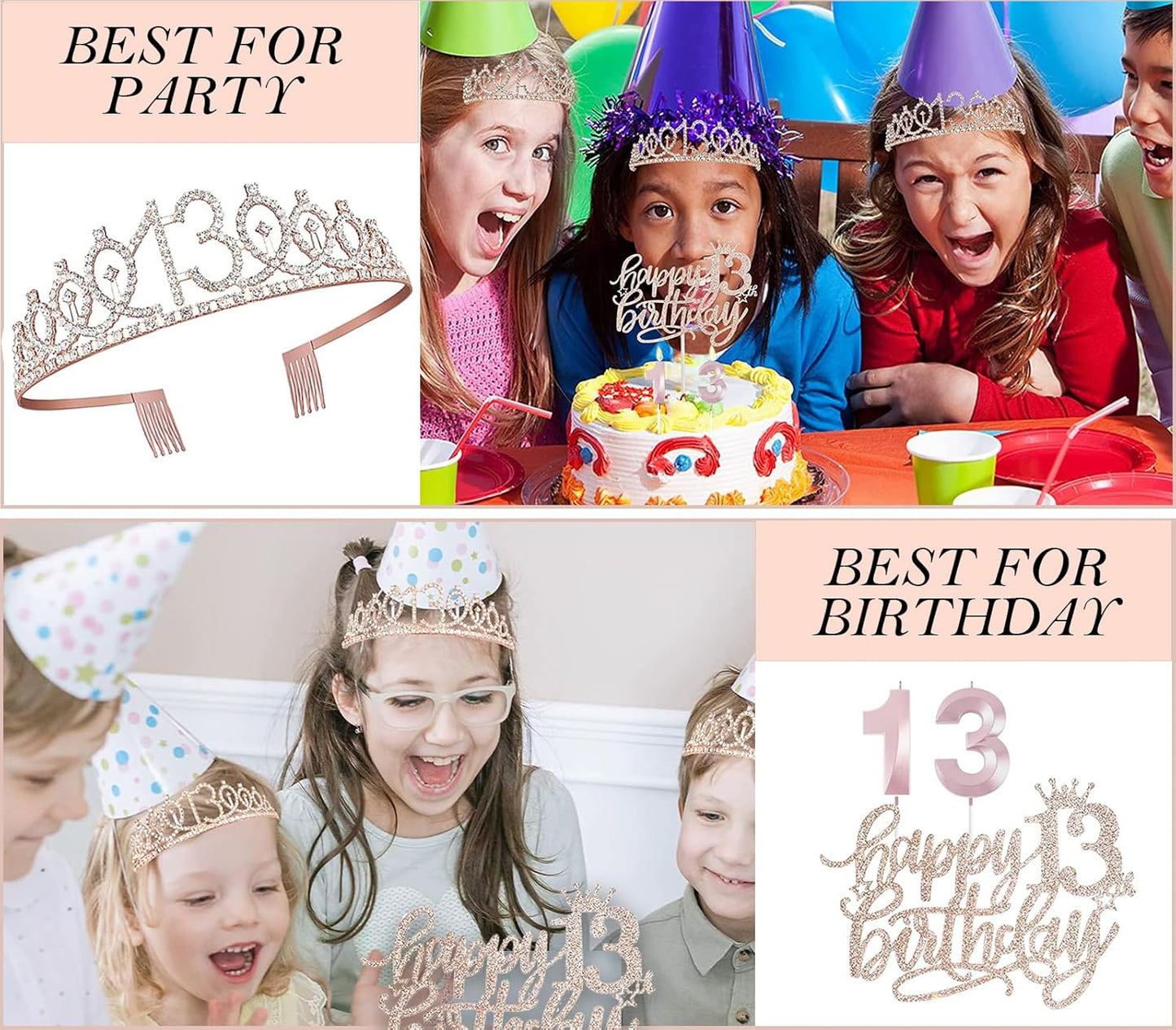 13th Birthday Decorations for Girls, Including 13th Happy Birthday Cake Toppers, Queen Sash with Pearl Pin, Sweet Rhinestone Tiara Crown, Number Candles and Balloons Set, Rose Gold