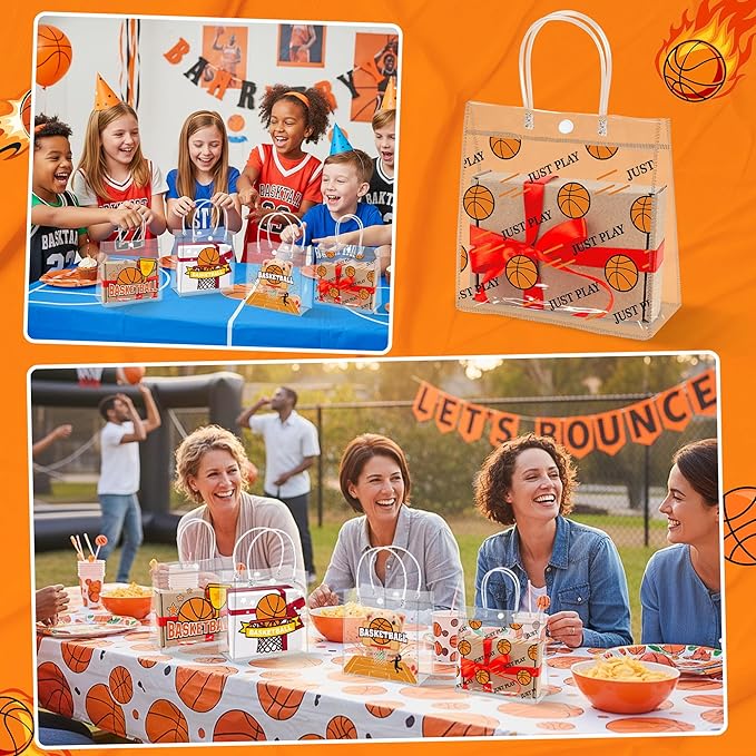 H1vojoxo Basketball Party Gift Bags - 24PCS Basketball Clear PVC Gift Bags with Handle Reusable Sports Goodie Bag for Boys Birthday Party Basketballs Tote Candy Bag Large Treat Ball Themed Party Favor