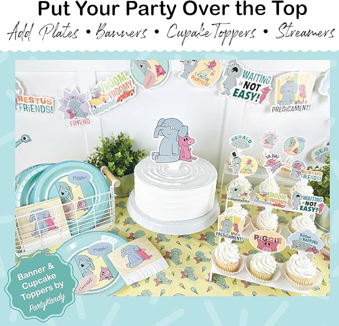 Elephant and Piggie Party Supplies for Birthday Party Decor with 12 Plates 12 Napkins and 1 Tablecloth for 9 Foot Table with Mo Willems Gerald and Piggie Book Characters (Tableware)