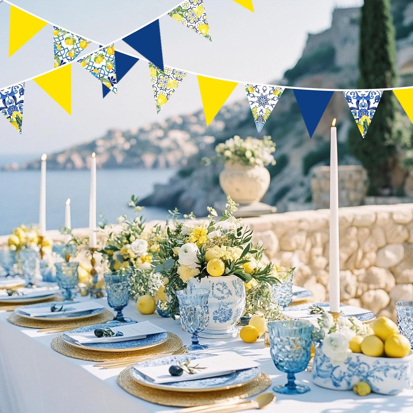 32Ft Capri Lemon Party Decorations Blue Tiles Yellow Lemon Fabric Pennant Banner Triangle Flag Garland Streamer for Amalfi Coast Capri Yellow Blue Tiles Mediterranean Birthday Baby Shower Supplies