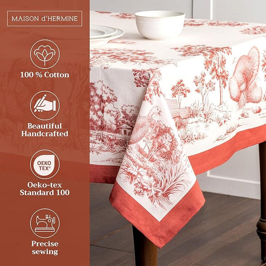 Maison d' Hermine Table Cloth Rectangle Table 100% Cotton 54 x 72 Inches Fall Tablecloth Reusable Everyday Use for Thanksgiving Christmas Decorations Dining Farmhouse Party (Holy Jouy - Red)