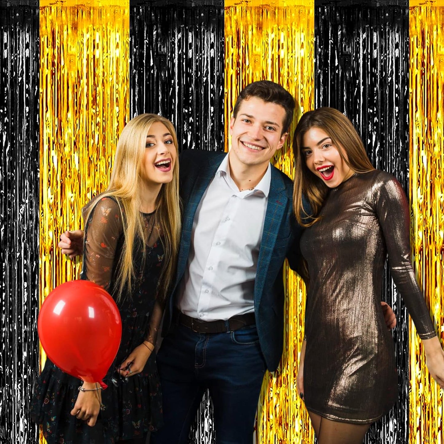 4 Pack Black Gold Foil Fringe Curtain Backdrop, 3.28Ft x 6.56Ft Metallic Tinsel Foil Fringe Streamers Curtains for Photo Booth, Wedding, Graduation, Birthday, Carnival Party Decoration
