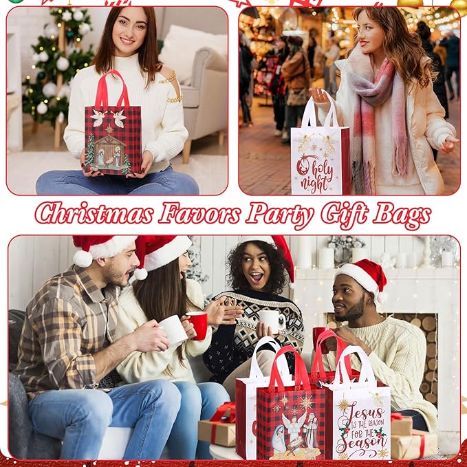 Wesnoy 48 Pcs Christmas Nativity Gift Bags Bulk 10 x 8 x 4 Inch Reusable Non Woven Christian Party Favors Red White Treat Goodies Tote Bags with Handles for Religious Jesus Holiday Party Supplies