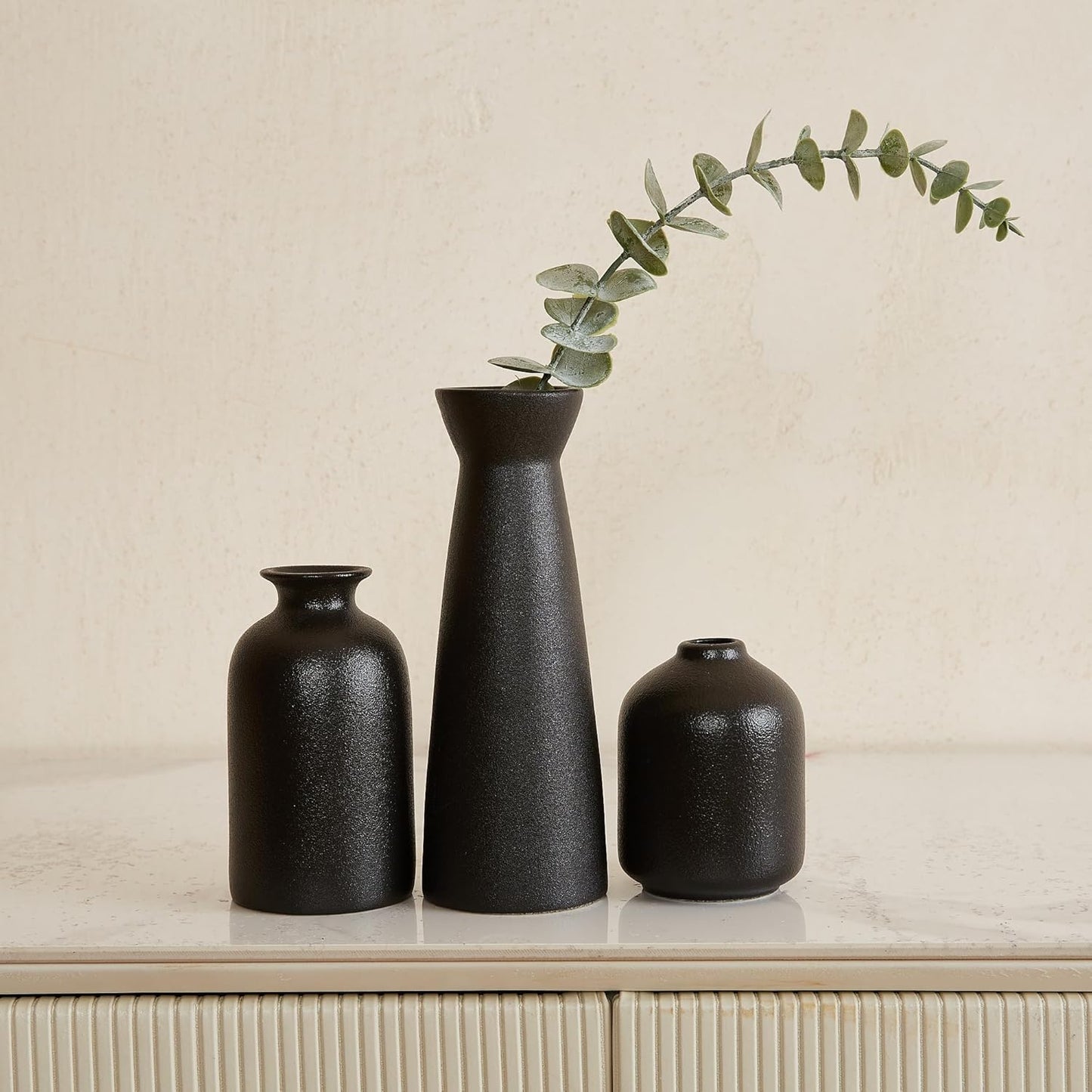 Black Ceramic Vase Set of 3,Small Boho Vase for for Decor,Matte Frosted Texture Finish,Modern Rustic Farmhouse Home Decor,Decorative vase for Pampas Grass&Dried Flowers,Shelf,Table,Mantel,Entryway