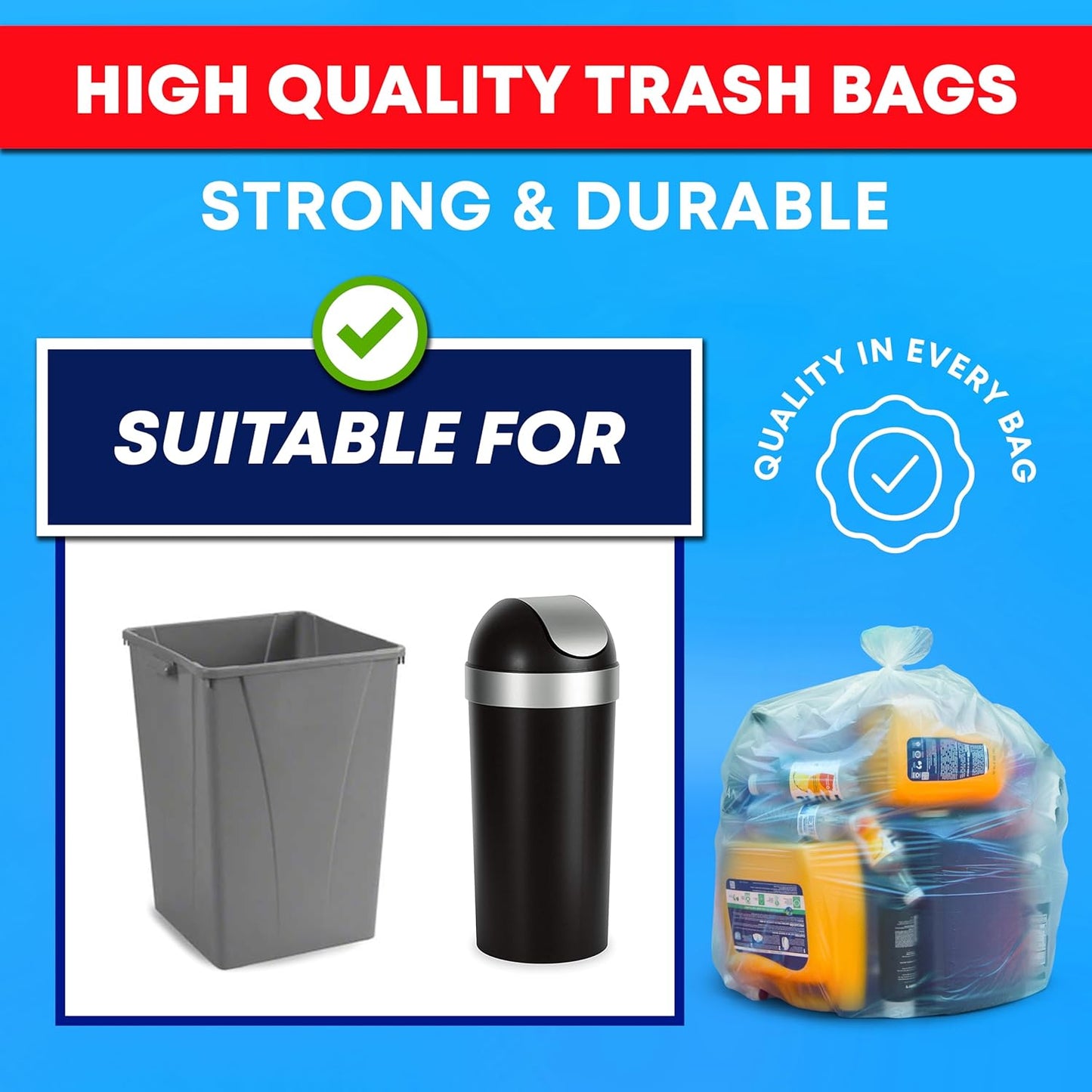 Veska 30-33 Gallon Clear Trash Bags Heavy Duty (Value Pack 250 Bags) Large Clear Plastic Recycling Garbage Bags. Large Trash Bags 30+, 32 Gallon