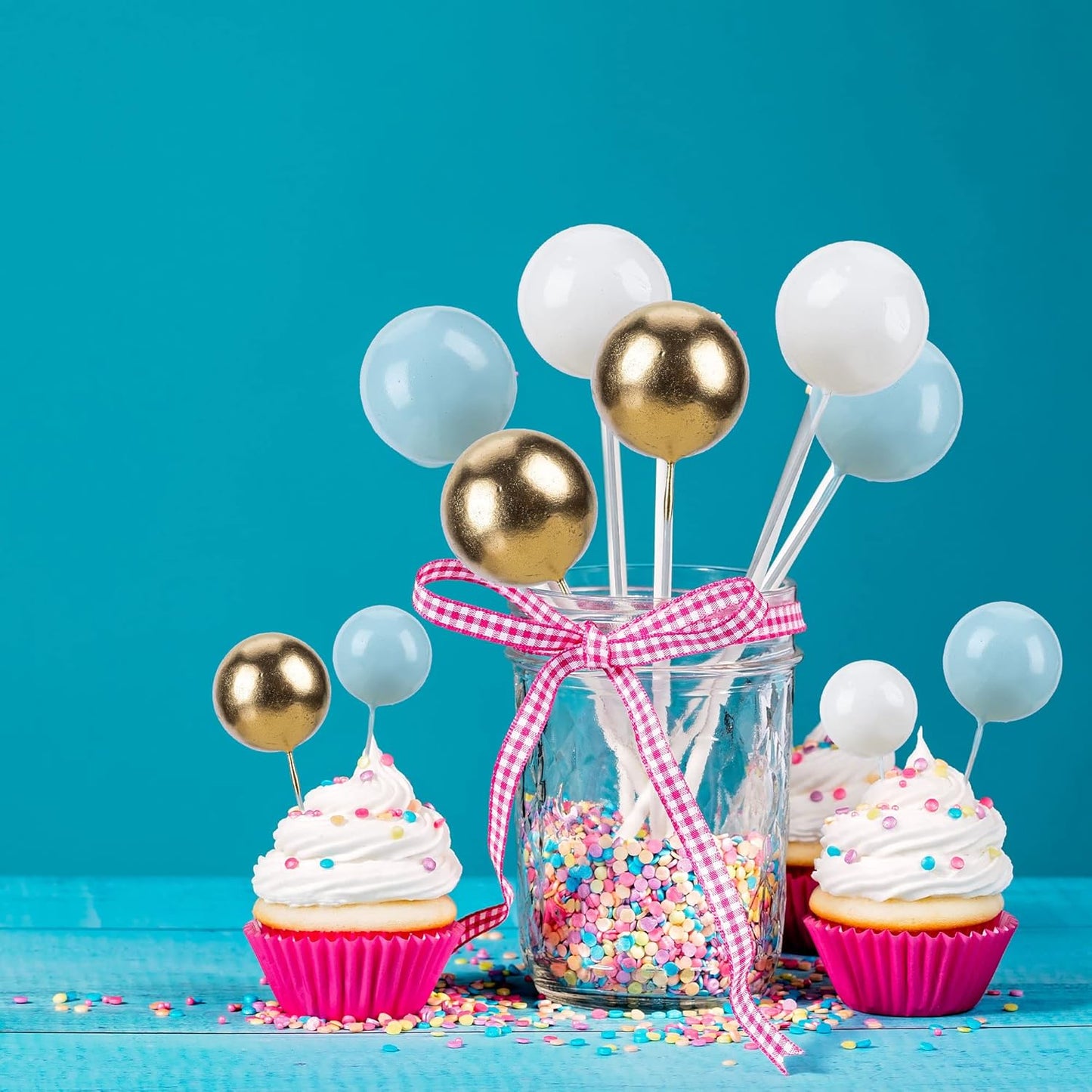 Gyufise 30Pcs Ball Cake Topper Ball Cake Picks Colorful Pearl Ball Shaped Cupcake Insert Cake Topper for Bear Theme Birthday Party Favors Wedding Decoration Supplies Blue White Gold
