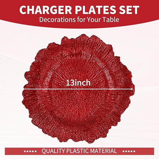 Teruntrue 50 Pcs Red Charger Plates Bulk 13 Inch Plastic Charger Plates for Dinner Plate, Red Chargers for Table Setting, Reef Design Plate Floral Decorative Round Chargers for Wedding Party, Event