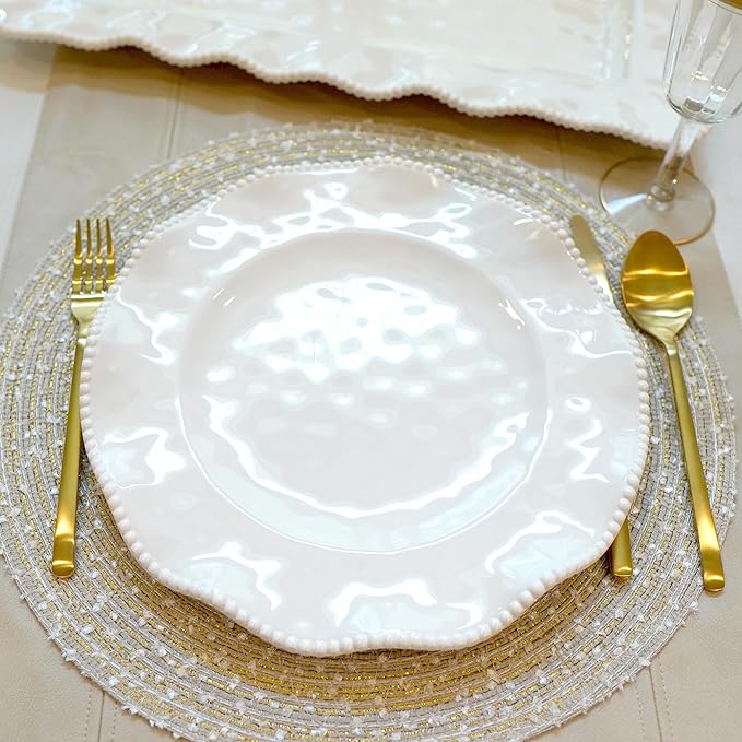 Perlette Off-White Melamine Dinner Plates – Set of 4, 11" Elegant Beaded Design, Unbreakable & Heavyweight – Indoor & Outdoor Use, Perfect for Dining, BBQs, Picnics, Weddings & Everyday Meals