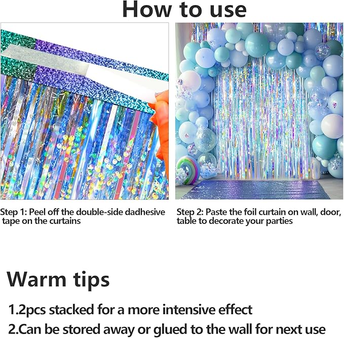 2 Packs Iridescent Foil Fringe Curtain, Neon Transparent Holographic Tinsel Backdrop for Birthday, Wedding, Baby Shower, Mermaid, Euphoria, Iridescent Party Decorations Supplies