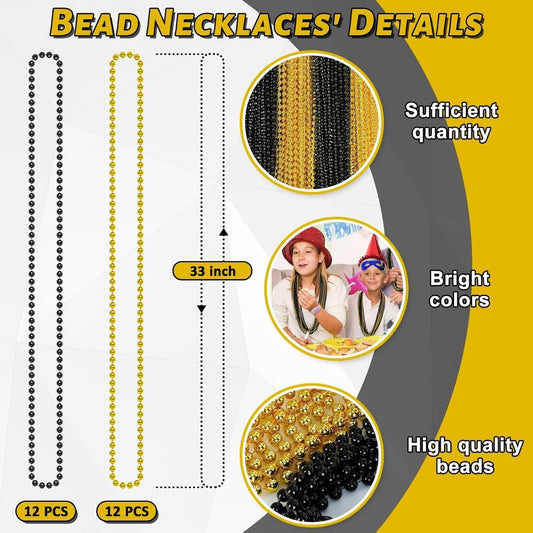 24PCS New Years Eve Bead Party Supplies, Black Gold Bead Necklace, 33" New Years Eve Beaded Necklaces, Festival Parade Throw Accessories for Halloween Trick or Treat Accessories