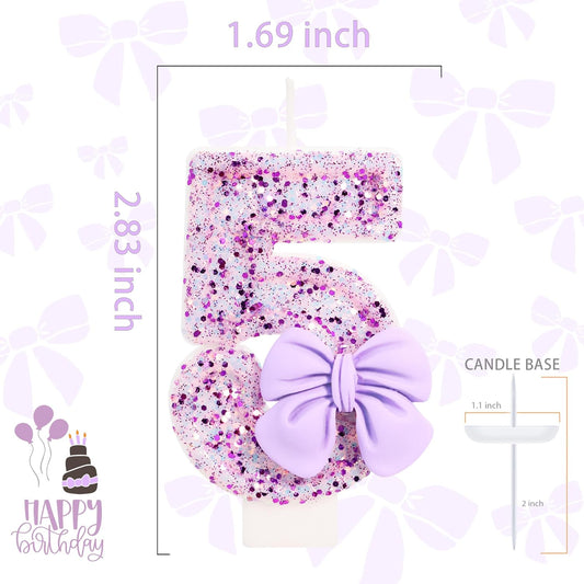 Birthday Candle for Cake, 5 Candle - Purple Glitter with Bowknot, 2.76 inch Cake Topper Decoration for 5 Years Old Birthday Party (Number 5)
