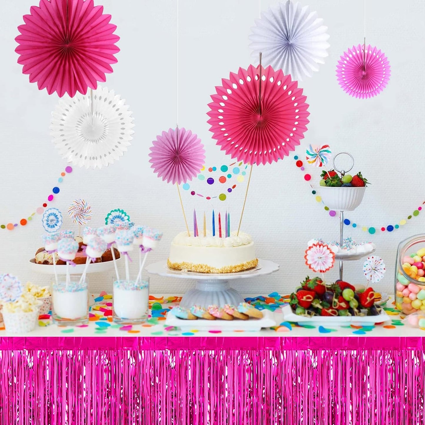 6 Pack 29x108 Inch Fuchsia Metallic Foil Fringe Table Skirts Banner for Tinsel Streamer Garland Curtains Backdrop for Parade Floats Wedding Baby Shower Birthday Christmas Halloween Party Decoration