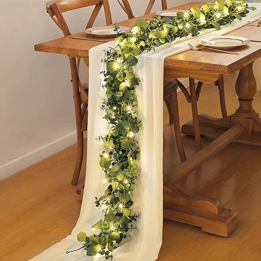 Dolicer 2 Packs 6FT Artificial Eucalyptus Garland with LED Light String, Faux Greenery Garland Hanging Fake Silver Dollar Eucalyptus Leaves Vines for Wedding Backdrop Arch Table Wall Party Home Decor