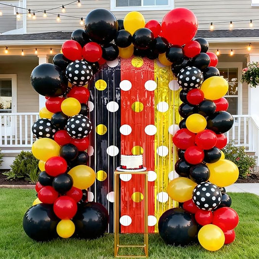 2 Packs Red Black Yellow Foil Fringe Curtain, Mouse Polka Dots Glitter Metallic Tinsel Backdrop for Birthday Baby Shower Cartoon Mouse Party Decorations Supplies