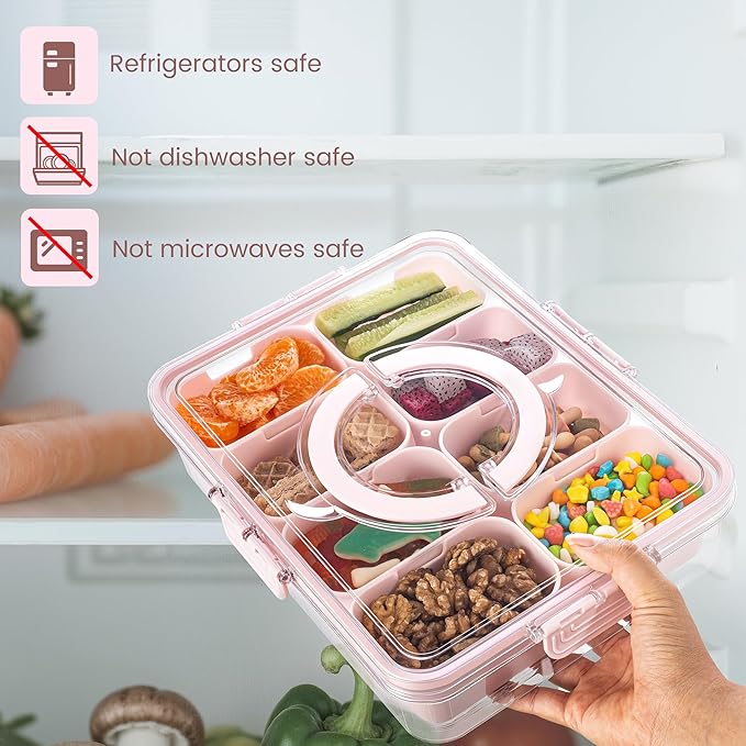 Divided Serving Tray with Lid and Handle - Snackle Box Charcuterie Container for Portable Snack Platters Organizer for Candy, Fruits, Nuts, Snacks - Perfect for Party, Entertaining, Orange