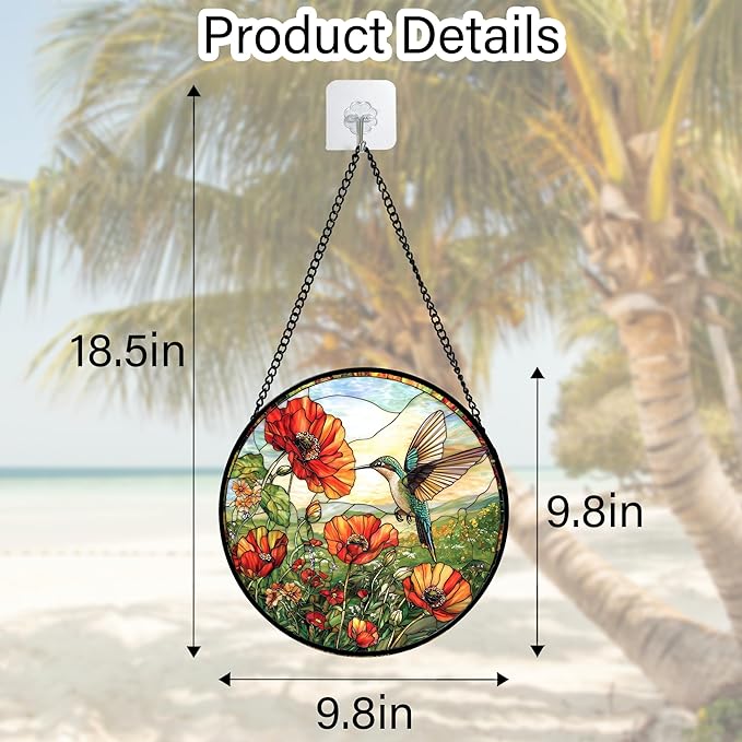 Stained Glass Window Hanging, Hummingbirds Orange Flowers Suncatcher Diamond Glass Panel Hangings Sun Catchers Decor for Birthday for Women, Men, Wife, Aunt, and Mom 7.8 in