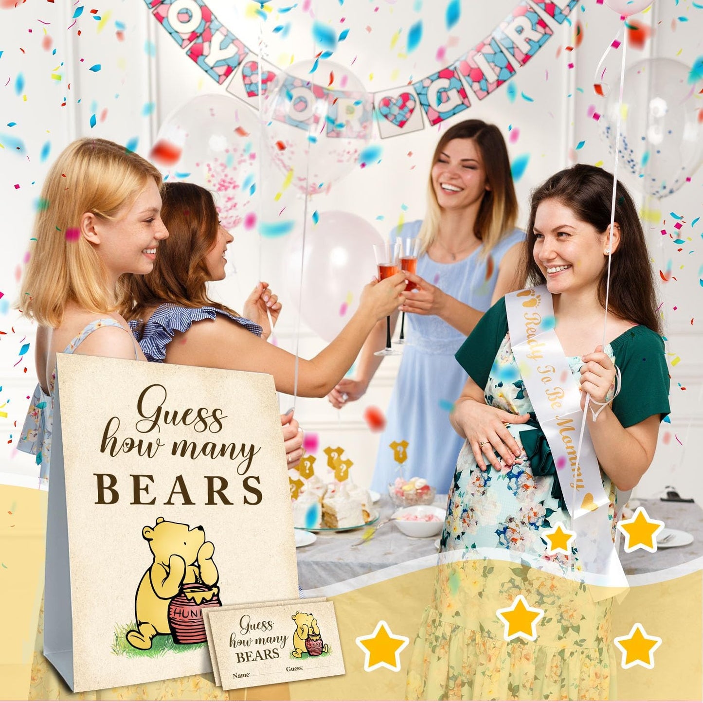 Baby Shower Decorations - Guess How Many Bears Game - Winnie the Pooh Theme - 5 x 7 x 0.2 inches - Paper Tabletop Sign