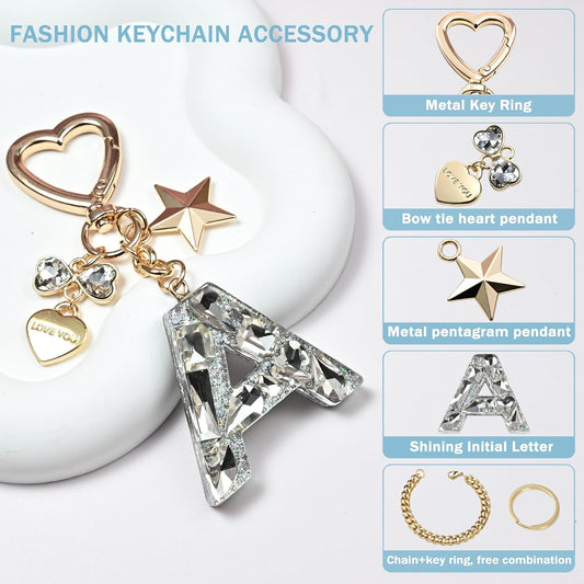 Cute Bling Keychain initial Letter Butterfly Star Pink Purple Gift for Women Girls Bag Cup Charms Accessories