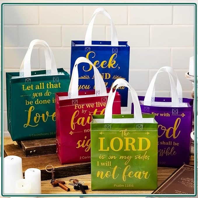 HunnmingRe 32 Pcs Christian Gift Bags Bulk, Easter Reusable Religious Bible Verse Tote with Handles Non Woven Scripture Pastor Blessing Gift for Baptism Church Wedding Favors