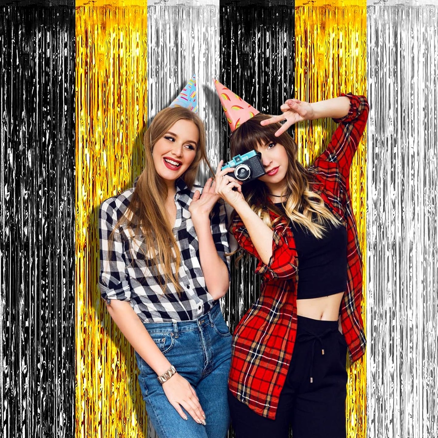 4 Pack 3.2Ft x 6.6Ft Black Gold Silver Foil Fringe Curtain Backdrop, Metallic Tinsel Foil Fringe Streamers Curtains Background for Notorious One Birthday Roaring 20s Graduation Party Decoration