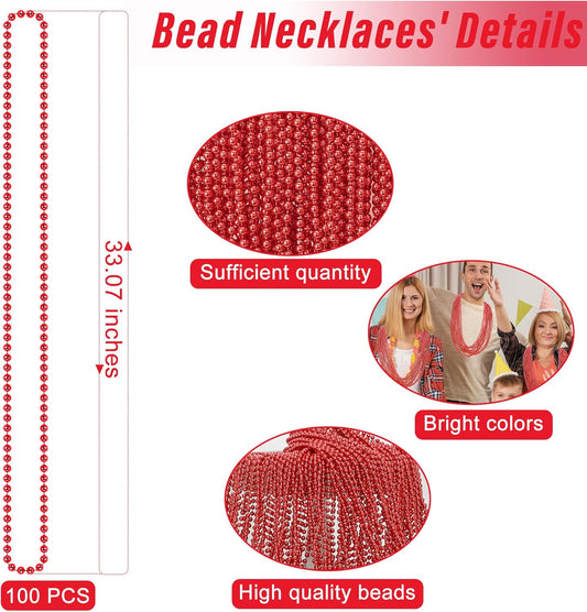 100PCS Mardi Gras Beads, Red Beads Party Favors, 33" Toy Necklaces Festival Costumes, Festival Parade Throw Accessories for Weddings Valentines Christmas Celebrations Decor