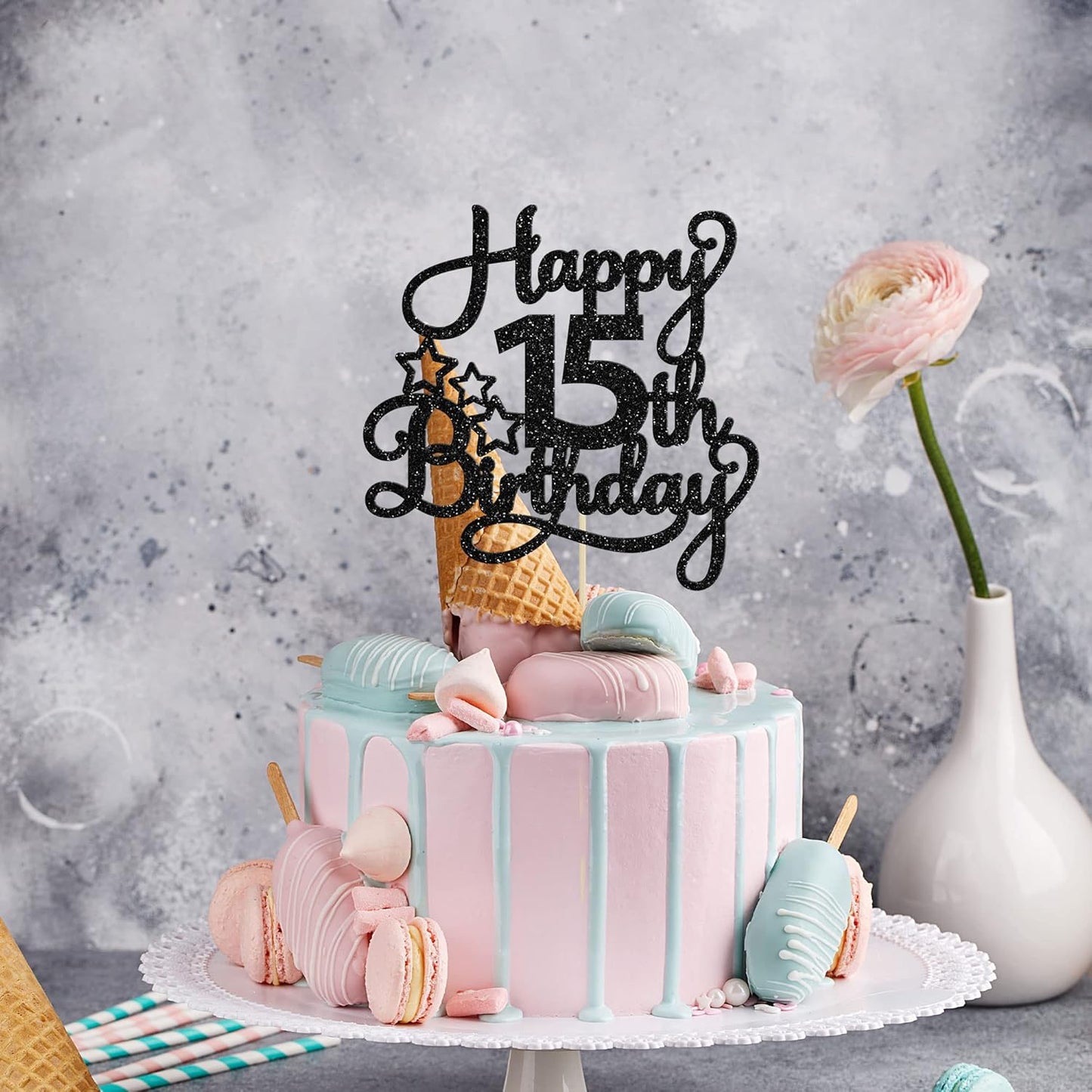 1 Pack Happy 15th Birthday Cake Topper Black Glitter Mis Quince 15 Cheers to 15 Years Old Birthday Cake Pick for Celebrating 15th Birthday Anniversary Party Cake Decorations Supplies