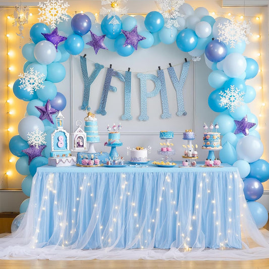 14FT Baby Blue Tulle Table Skirt for Rectangle or Round Tables Baby Blue Tutu Table Skirt with LED Lights for Princess Birthday Party Baby Shower Gender Reveal Wedding Banquet Cake Dessert Decorations