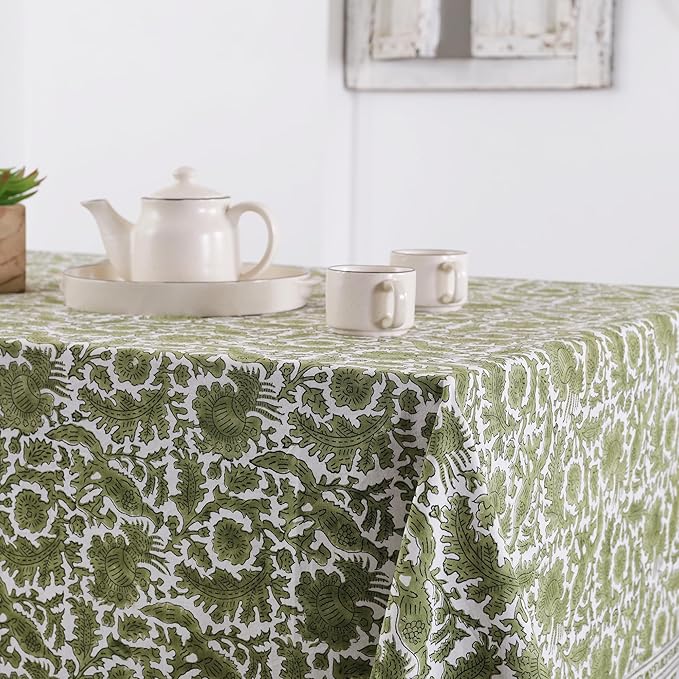 Labhanshi Indian Handblock Print Pre-Washed Cotton Floral Table Cloth|Reusable Rectangle 72x108 Inch 8-Seater Dining Tablecloth|Spring Easter St. Patrick Decorative Table Cover|Moss Green Bird