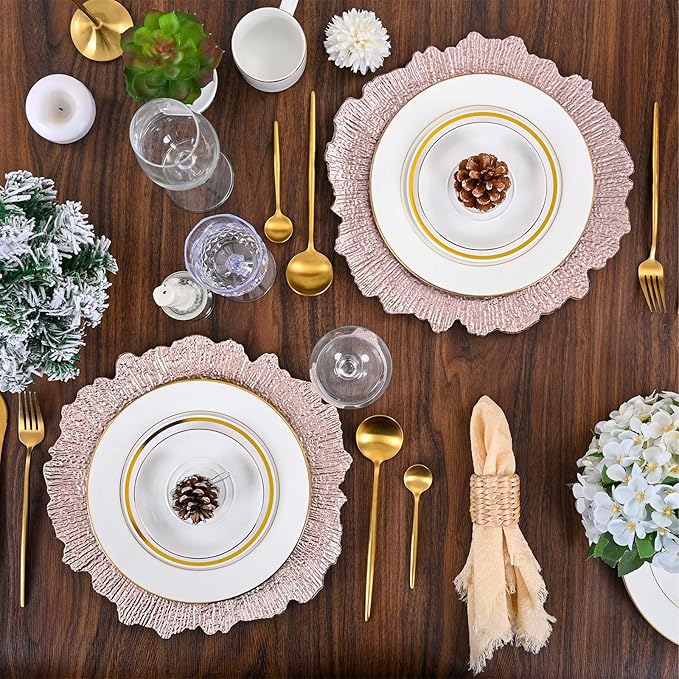 Pesonlook 50Pcs Rose Gold Charger Plates Round 13inch, Reef Plate Chargers for Dinner, Bulk Plastic Floral Table Plates for Dinner Wedding Party Event Table Setting Decoration(Rose Gold)