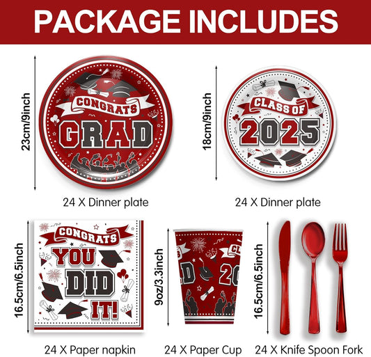 Graduation Decorations Class of 2025 - Graduation Party Supplies 2025 Include Plates, Cups, Napkins, Cutlery, 24 Guests (Maroon)