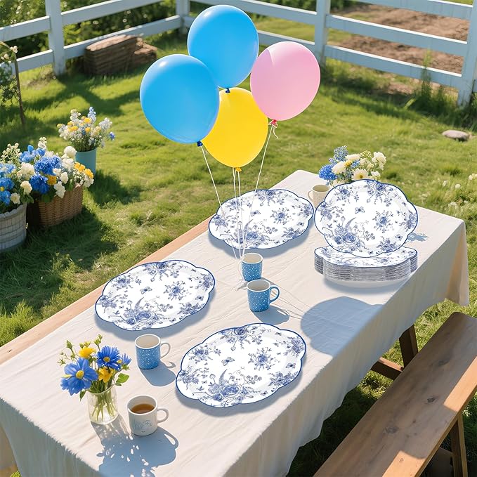 50 Pcs Blue Floral Oval Plates 10" x 12" Large Blue and White Floral Scalloped Plates Disposable Heavy Duty Vintage Flower Dessert Platters for Wedding Bridal Shower Decorations Tea Party Supplies