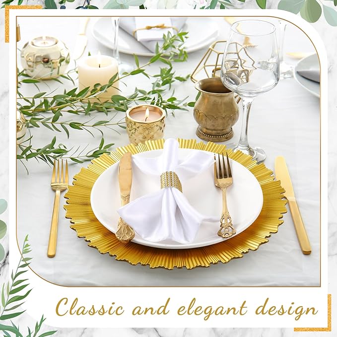 Tanlade 50 Set Bright Gold Charger Plates Bulk with Napkin Rings Plastic 13" Plate Charger Fluted Edge Wedding Decoration for Table Wedding Party Event(Gear)