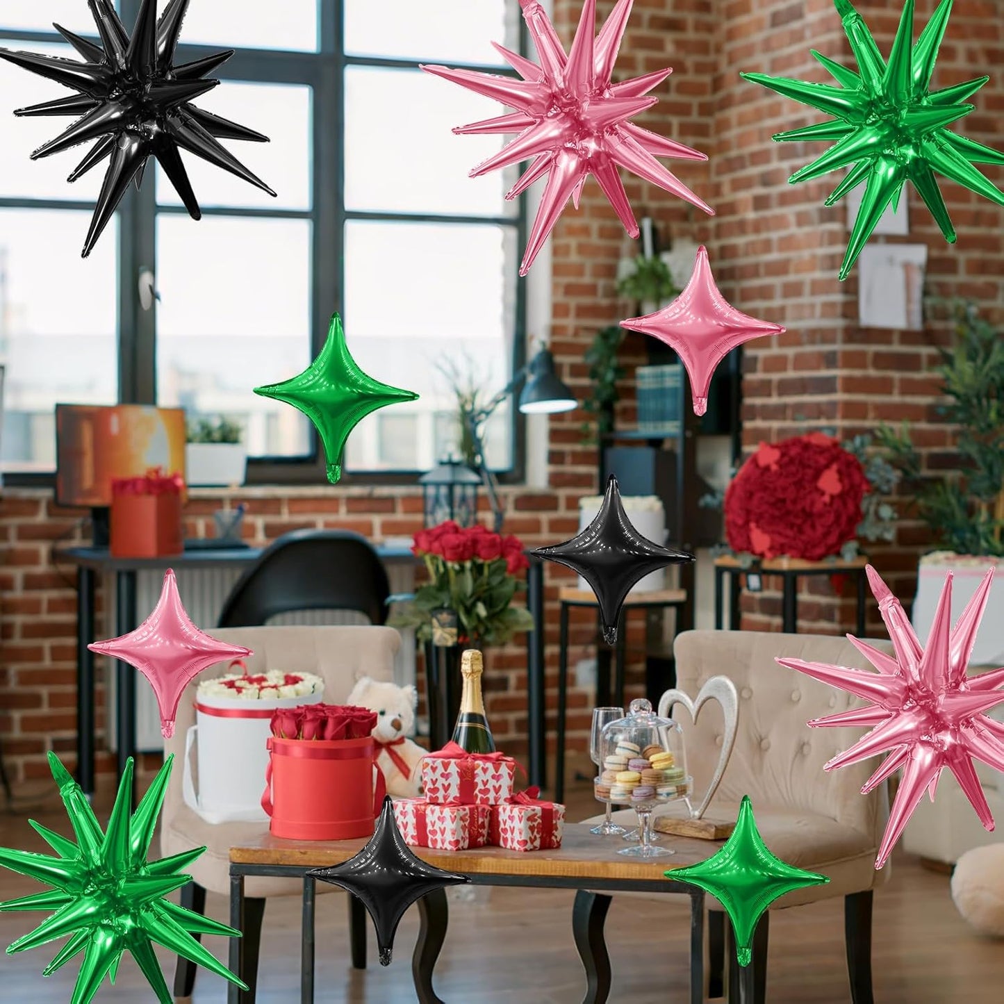 Black Green Pink Star Balloon,Pink Green 6Pcs 22Inch Explosion Star Balloons and 10Pcs 10Inch Four Angle Balloons Kit for Birthday Halloween Anniversary Baby Shower Wedding Party Decorations