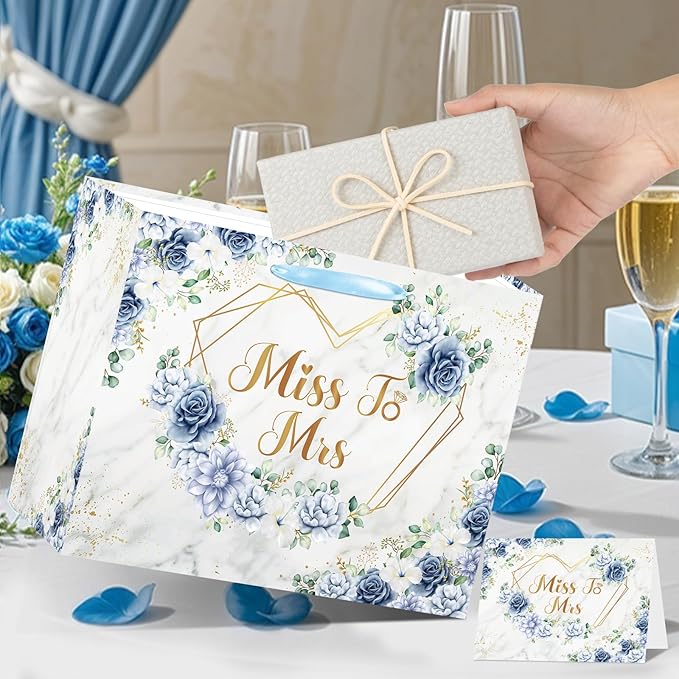 Blue Bridal Shower Gift Bag Wedding Miss to Mrs Gifts Bag with Tissue and Card Bridal Shower Gift Wrapping Paper Bag Floral Boho Christmas Wedding Gift Bags Bride Engagement Bachelorette Party Bag