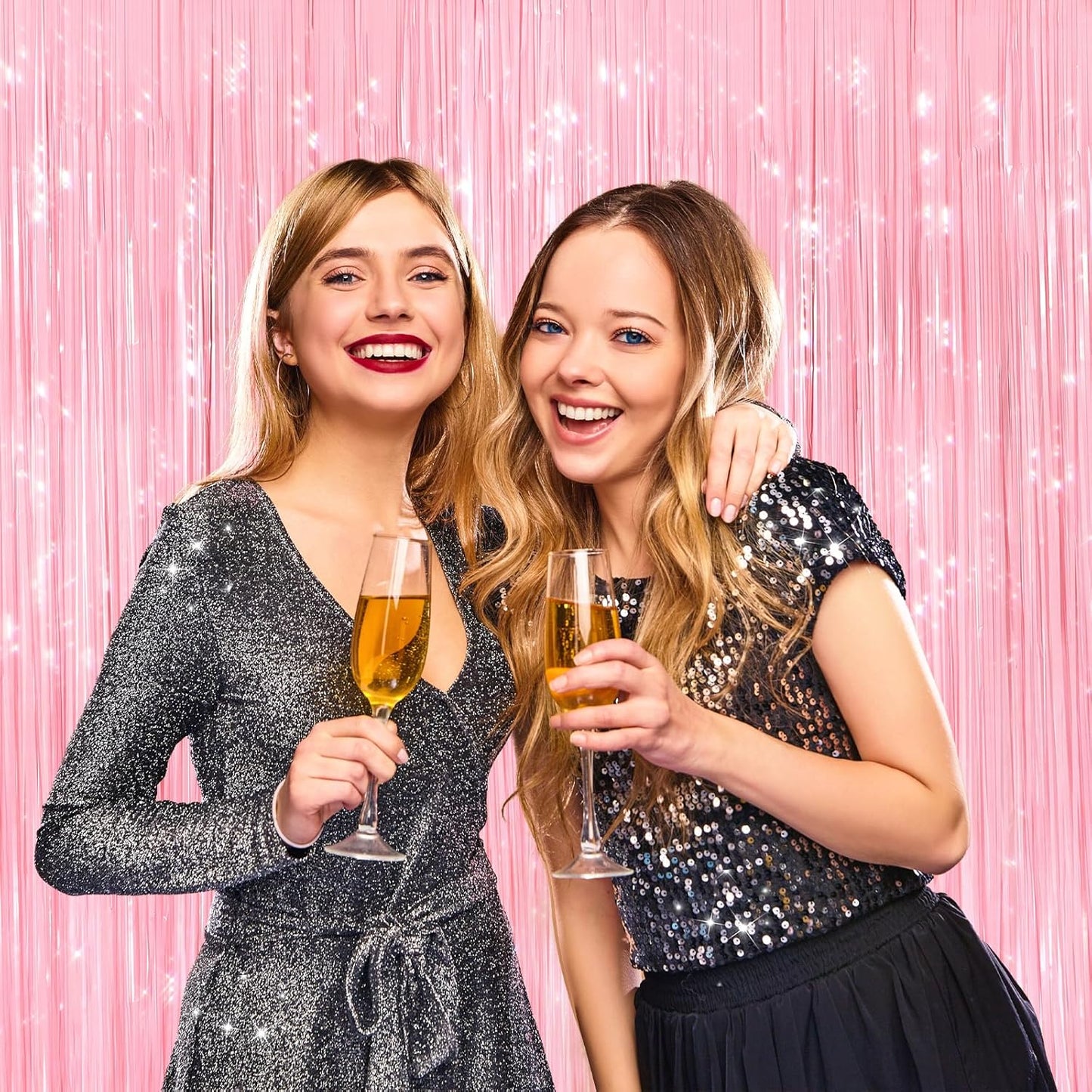 2 Pack Pastel Pink Metallic Tinsel Foil Fringe Curtains, Door Streamers Photo Booth Backdrop for Birthday Party, Tinsel Curtain Backdrop for Baby Shower Bachelorette Christmas Party Decorations