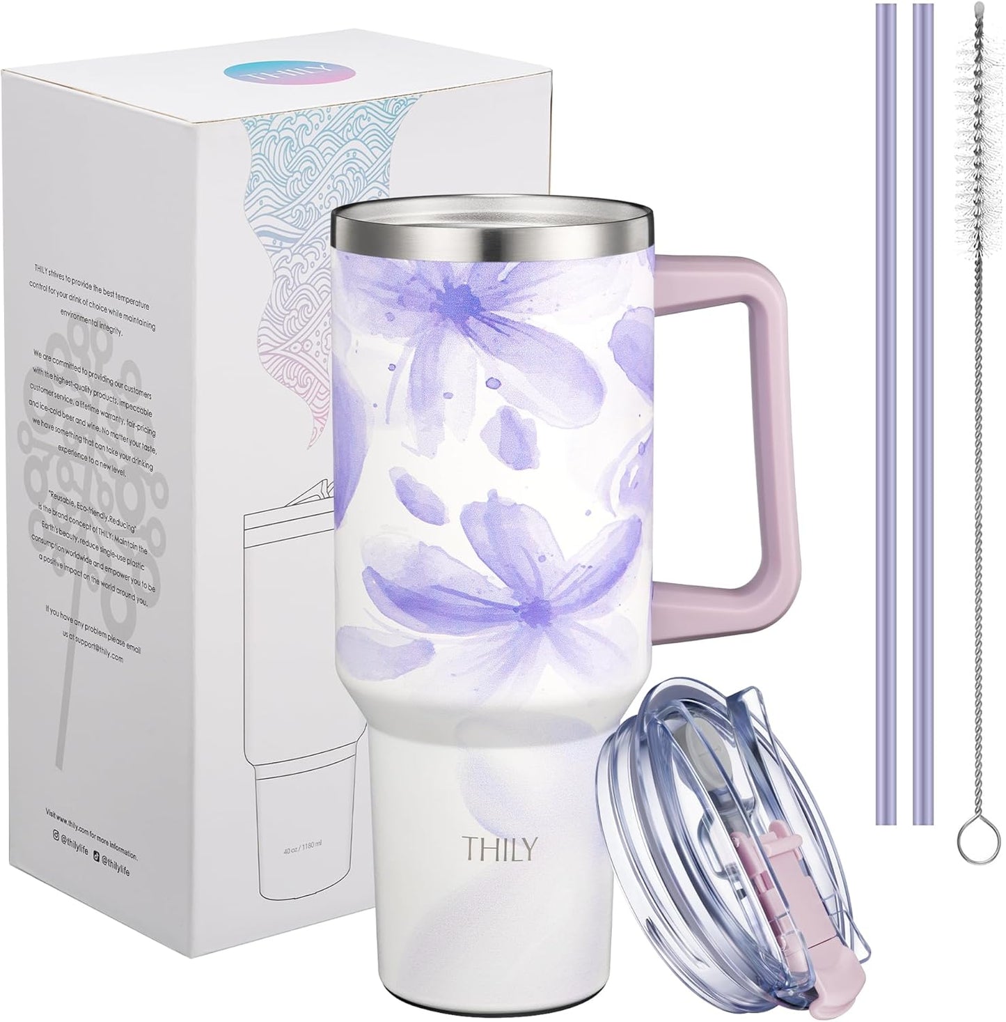 THILY 40 oz Stainless Steel Tumbler with Handle - Vacuum Insulated Travel Cup, Splash-Proof & Leakproof Lid, 2 Straws & Brush | Keeps Cold 34H/Hot 12H, Cupholder Friendly, Violet Leaves