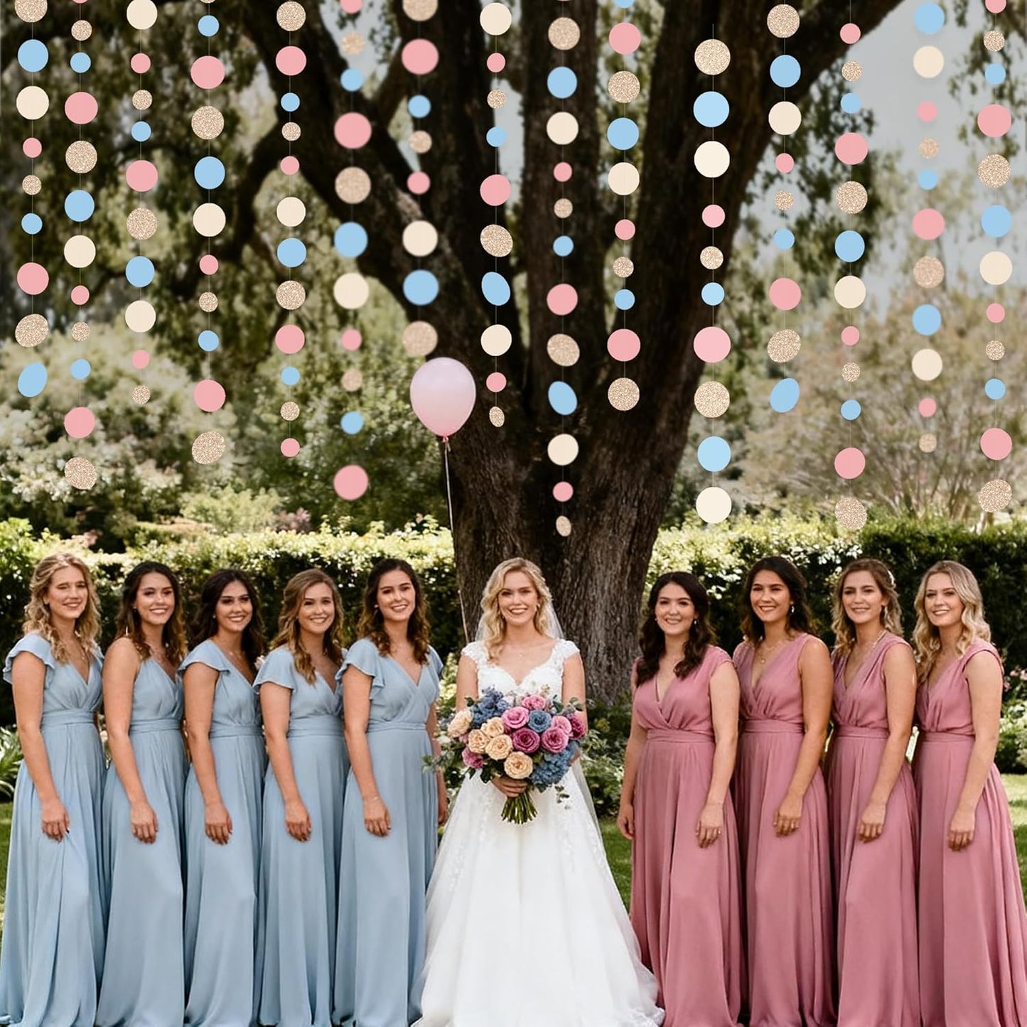 Champagne Gold Dusty Pink Blue Cream Beige Circle Dot Hanging Streamer Polka Dot Garland Banner for Baby Shower Birthday Wedding Bridal Shower Engagement Boho Gender Reveal Party Decorations Supplies