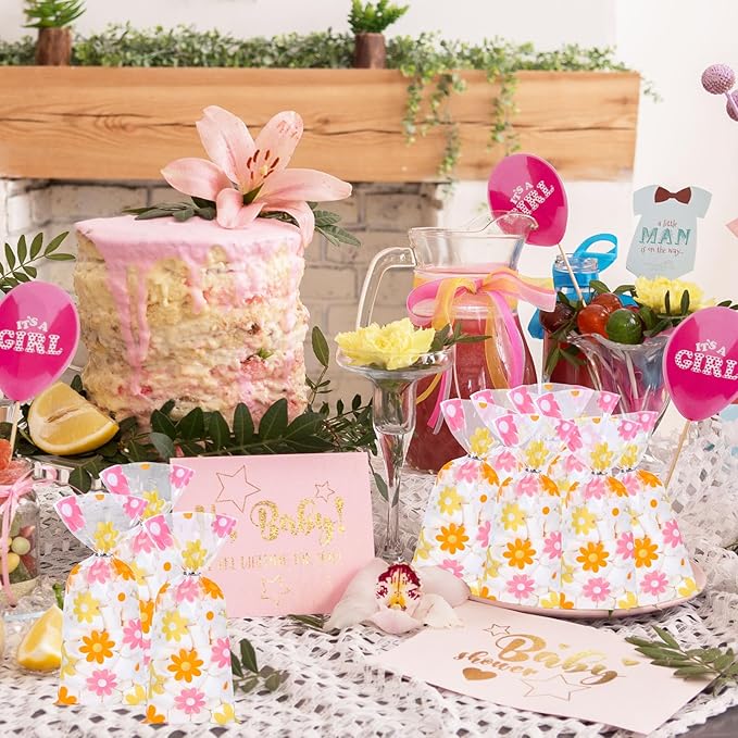 Whaline 100Pcs Groovy Daisy Cellophane Bags with Silver Twist Ties Retro Hippie Boho Party Treat Bag Colorful Flower Plastic Goodie Bags for Daisy Flower Birthday Baby Shower Wedding Party Favor