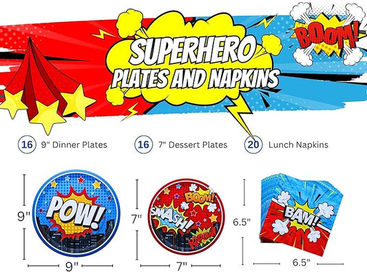 Blue Orchards Superhero Plates and Napkins (52 Pieces for 16 Guests) - Decorations, Super Hero Birthday for Boys, Plates and Napkins Supplies