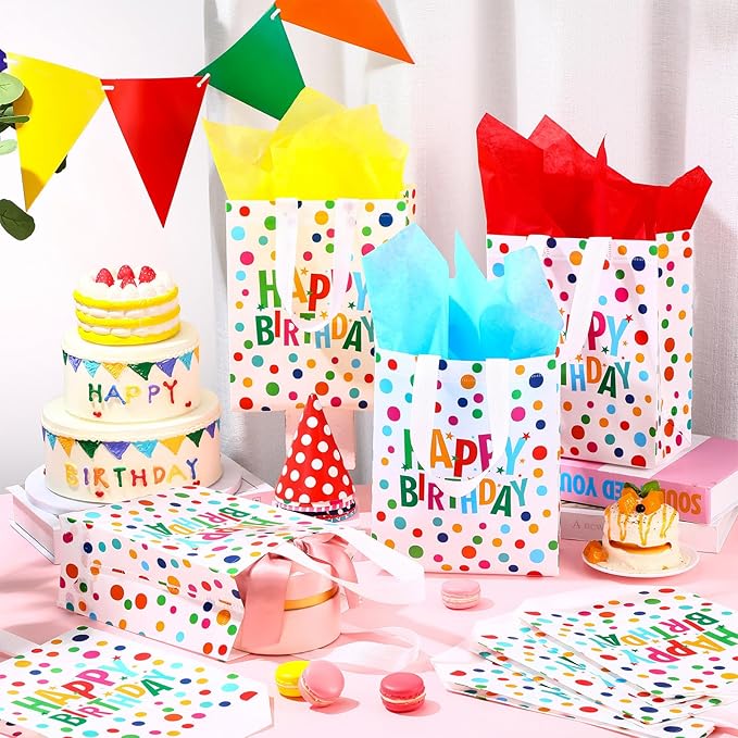 Supervitae 24 Pack Happy Birthday Gift Bags Bulk Medium Rainbow Polka Dot Party Favor Bags Reusable Totes Non Woven Goodie Totes for Birthday Baby Shower Wedding Party Supplies(9.8" x 7.9" x 3.9")