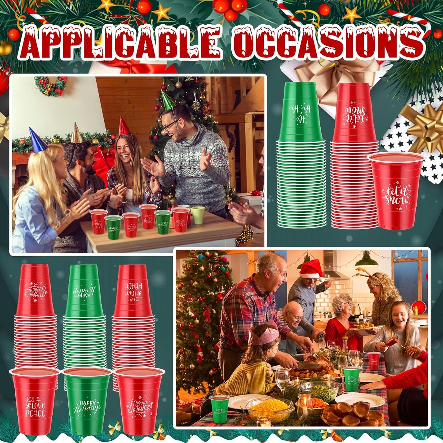 Sliner 120 Pcs 16 oz Christmas Plastic Disposable Cups Bulk Snowflake Elk Star Christmas Tree Drinking Cups for Xmas Birthday Party Supplies (Red,Green)