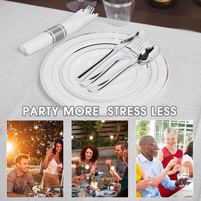 350PCS Silver Plastic Plates Dinnerware Set, Thanksgiving Disposable Plates, 50 Dinner and 50 Dessert Plates, 50 Pre Rolled Napkins with Silverware and 50 Cups for Party and Wedding