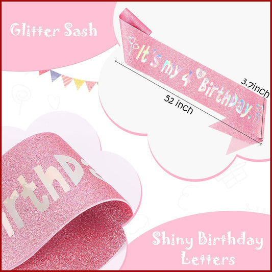 4th Birthday Decorations for Girls Set - Happy 4th Birthday Princess Crown and Glitter Sash, 4 Year Old Girl Tiara Party Decorations Supplies Outfit Accessory Gifts