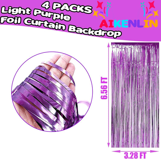 4 Pack 3.3Ft x 6.6Ft Light Purple Foil Fringe Curtain Backdrop, Metallic Tinsel Foil Fringe Streamers Curtains Background for Photo Booth, Birthday, Wedding, Halloween, Christmas Party Decoration