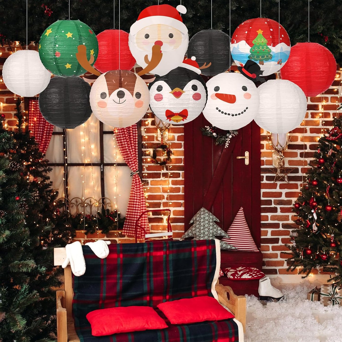 Bencailor 12 Pcs Christmas Hanging Paper Lanterns Set Decorative Christmas Party Lanterns Round Hanging Lamps for Xmas Home Decoration Supplies Props Holiday Decor (Elk,12 Inch, 10 Inch, 6 Inch)