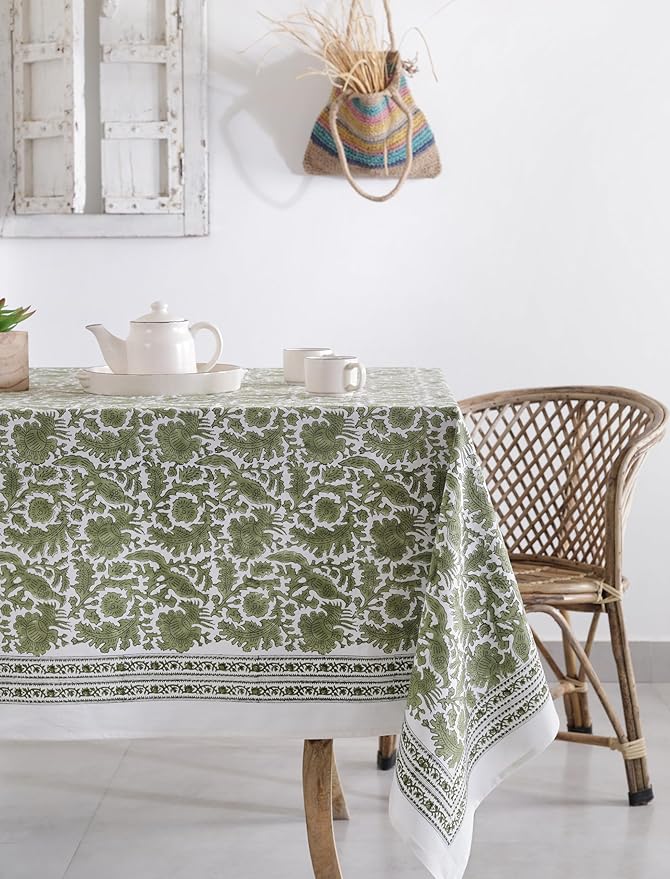 Labhanshi Indian Handblock Print Floral Cotton Rectangle 72x135 Inch 10-Seater Dining Tablecloth|Washable Fade-Resistant Picnic Outdoor Camping Festive Holiday Fall Table Cover|Moss Green Bird