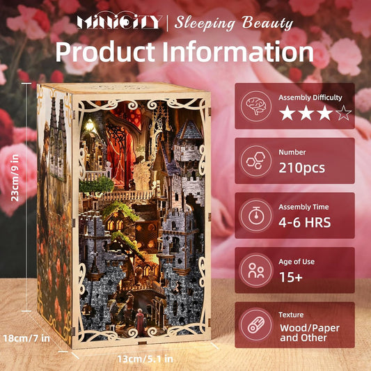 DIY Book Nook Kit for Adults, 3D Wooden Puzzle Bookend Bookshelf Insert Decor with LED Light and Dust Cover (Sleeping Beauty)
