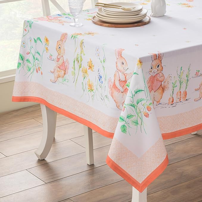 Maison d' Hermine Table Cloth Square Table 100% Cotton 54 x 54 Inches Tablecloth Reusable Decorative for Dining Room Farmhouse Home Valentines Day Decorations Spring Summer - Bunny Party