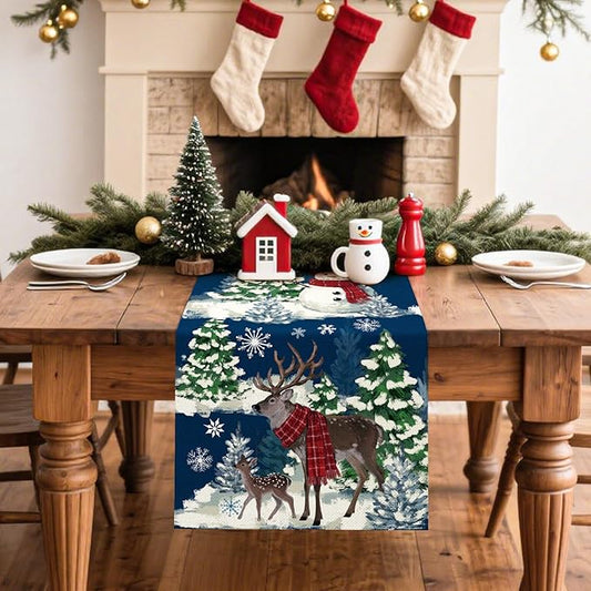 Artscope Reindeer Snowman Christmas Tree Table Runner, Xmas Winter Snowflakes Holiday Kitchen Dining Table Decoration for Christmas Home Party Decor 13x120 Inch-Blue