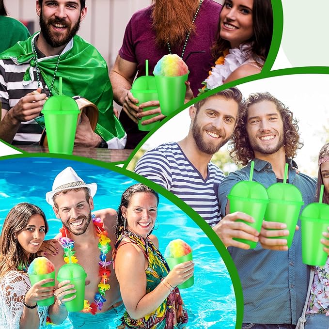 6 Set Slushie Cups with Dome Lids and Straws Detachable Spoon Straws Reusable Plastic Iced Coffee Cups Smoothie Tumbler for Birthdays Summer Party Supplies(Green,16 oz)